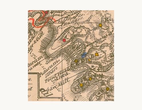 Mapa de Augusto Berns (1881) que recoge la ubicación de la "Huaca del Inca" frente al cerro Putucusi y sobre el aserradero de Aguas Calientes.
