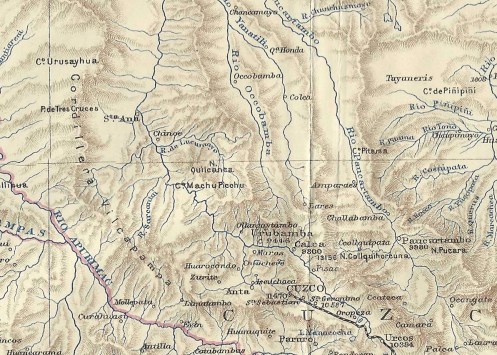 Detalle del mapa que acompaña a la obra de Sir Clements Markham "The Incas of Peru", publicada en 1910, con datos de la Royal Geographic Society de Londres, donde aparece claramente recogido el "Cº Machu Picchu" (hacer click para ampliar)