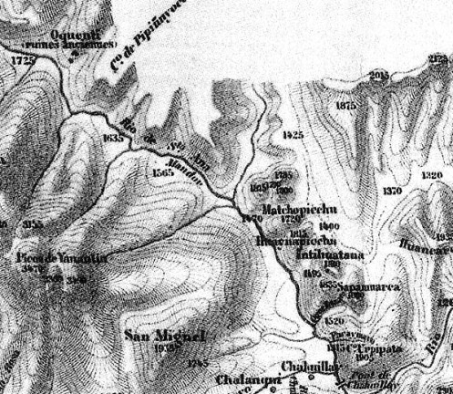 Mapa de Charles Wiener del valle de Santa Ana y aledaños (1880), donde aparecen los topónimos de "Matchopicchu", Huaynapicchu e Intihuatana